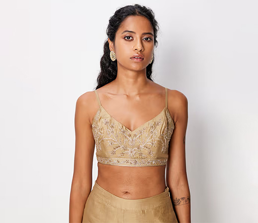 Beige Embellished Sleeveless Blouse by Ancestry