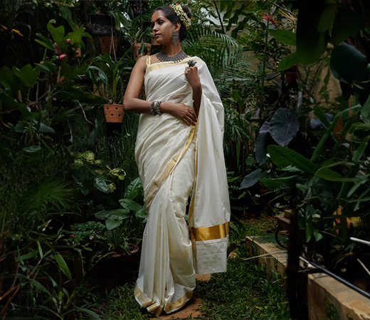 Teejh White and Gold Kerala Cotton Kasavu Saree 
