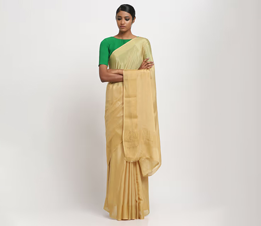 Via East Gold Wrinkled Crepe Saree With Unstitched Blouse