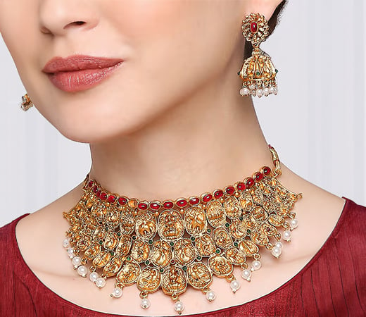 OOMPH Antique Gold Tone Necklace Set with Jhumka