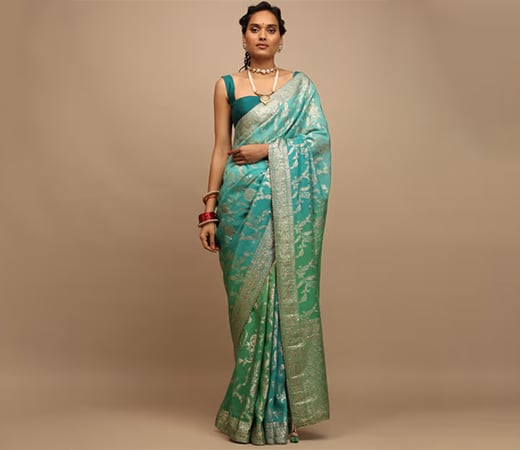 KALKI FASHION Shaded Green and Turquoise Saree with Unstitched Blouse