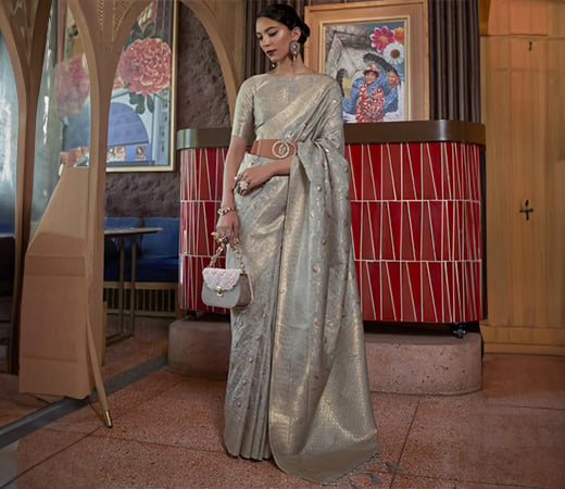 Akhilam Womens Silk Blend Grey Woven Designer Saree