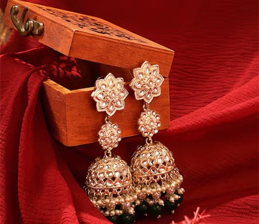 Zaveri Pearls Green Cluster Beads & Dazzling Kundan Statement Jhumka 