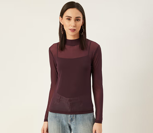 ANVI Be Yourself Burgundy Sheer High Neck Fitted Top