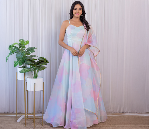 Label Kanupriya Pastel Dream Multi-color Organza Anarkali Dress with Dupatta