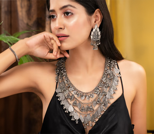 Saraf RS Jewellery Oxidised Silver Triple Layered Necklace