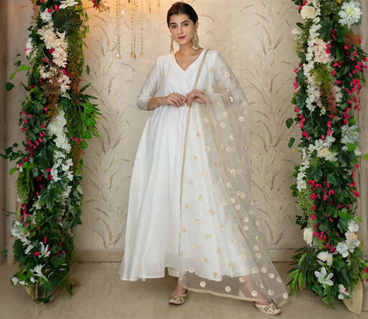 Label Shaurya Sanadhya White Chanderi Anarkali With Thread Work Dupatta