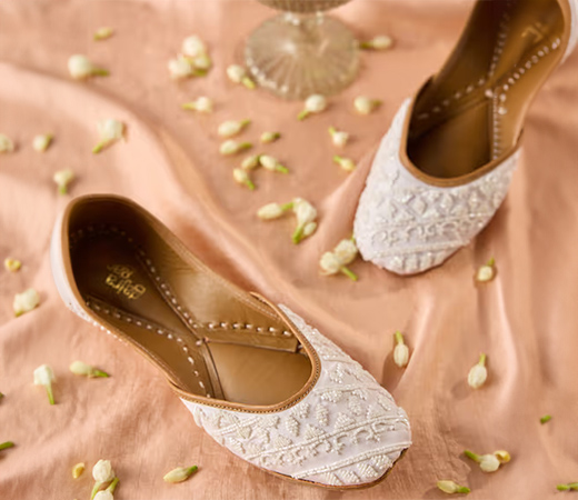 Gajra Gang White Beads Embellished Handcrafted Leather Jutti