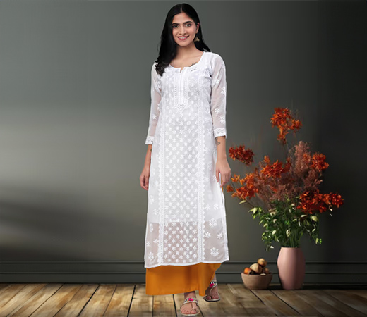 ADA White Embroidered Cotton Lucknow Chikan Kurta with Slip
