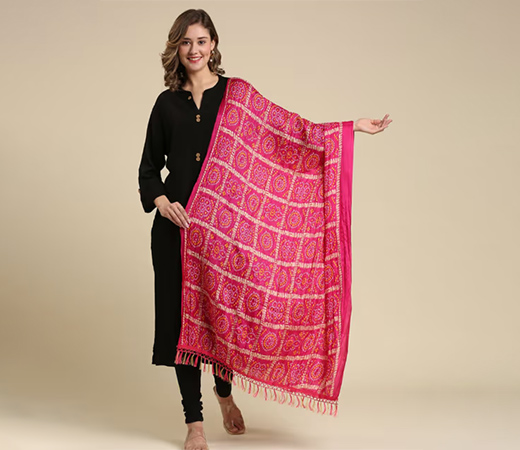 Dupatta Bazaar Womens Crushed Art Silk Bandhani Printed Dupatta Pink