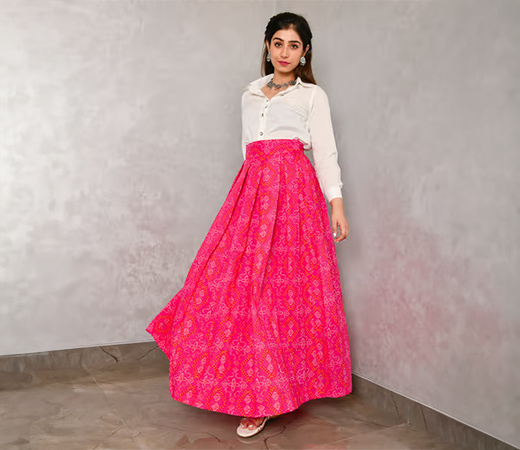 JAaheli Laasya White Shirt And Printed Bandhani Skirt