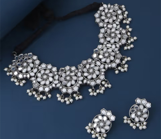 VIRAASI Antique Oxidised Silver Mirror Work Necklace And Earrings Set