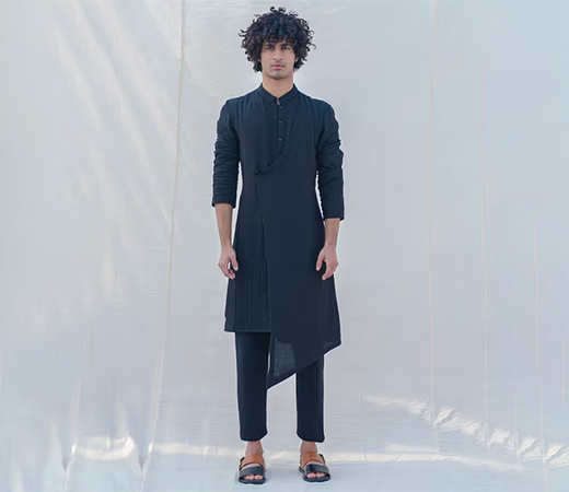 Cotton X Linen Black Kurta With Pajama (Set of 2)