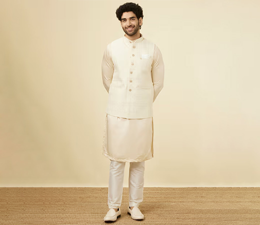 Cream Art Silk Self-Design Jacket