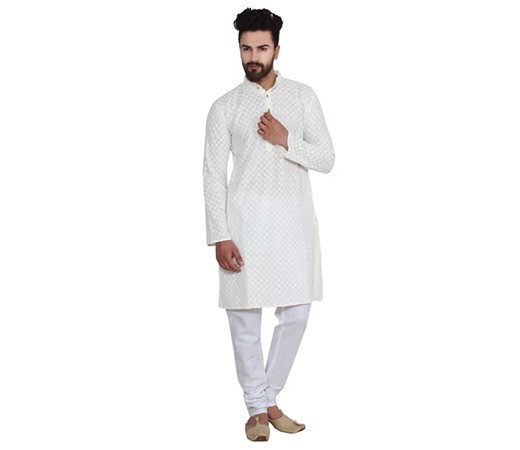 Cream Men 100% Cotton Chikan Kurta & Churidar Pyjama (Set of 2)