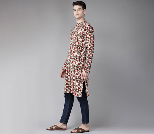 Men Beige And Black Hand Block Print Sustainable Straight Kurta