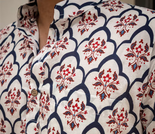 Off White & Blue Ethnic Motifs Hand Block Printed Short Kurta