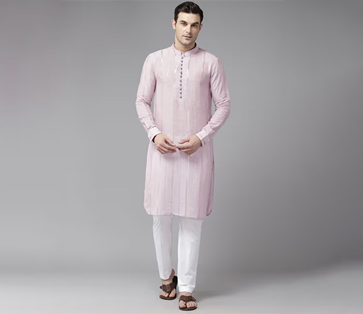 Men Mauve Embroidered Silk Sequined Design Straight Kurta