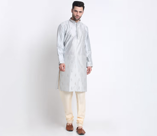 Men Grey Silk Embroidered Sequin Kurta Only