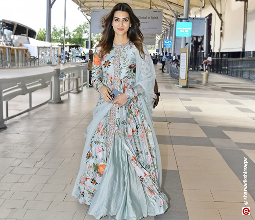 Kriti Sanon wearing a blue floral printed Anarkali suit