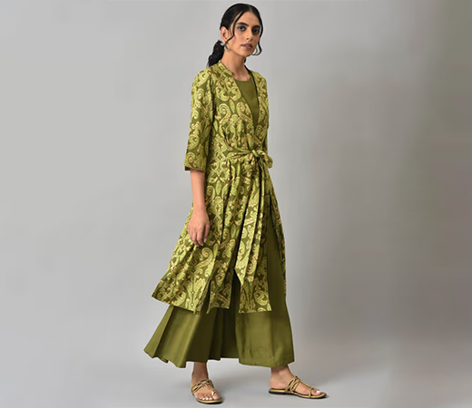 W Green Ikat Printed Jacket with Top and Pants