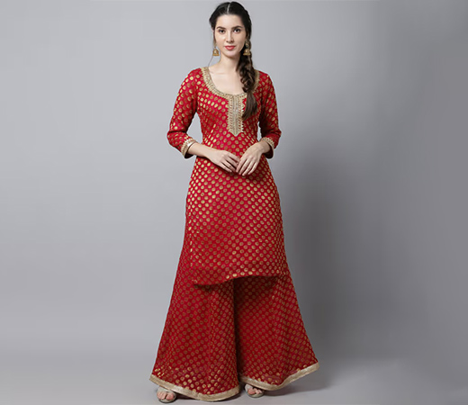 anokherang Red Straight Banarasi Kurta with Flared Palazzo