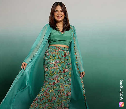 Gajra Gang Rishi Vibhuti Teal Printed Top, Skirt & Jacket Co-ord Set