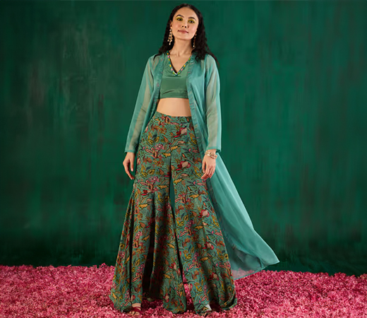 Gajra Gang Rishi Vibhuti Teal Printed Top, Skirt & Jacket Co-ord Set