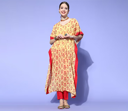 Ziyaa Yellow Floral Screen Printed Kaftan Kurta with Pants