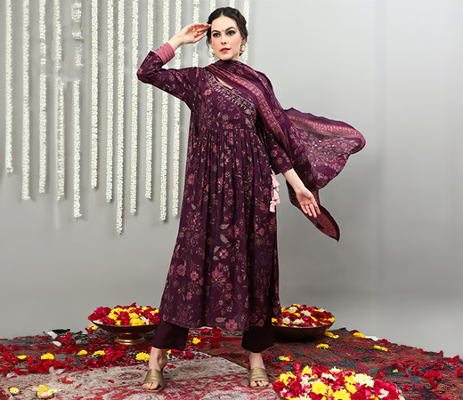 Vastramyaa Purple Floral Silk Angarkha Kurta with Pant & Dupatta