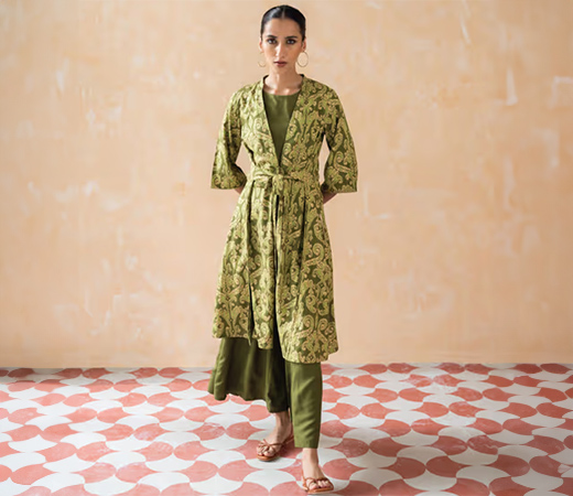 W Green Ikat Printed Jacket with Top and Pants