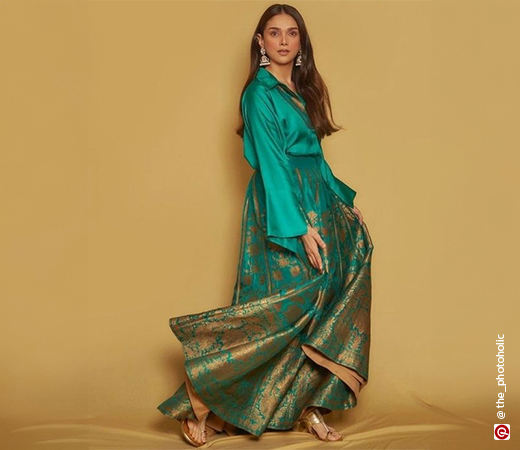 Aditi Rao Hyadri wearing a green brocade skirt and t-shirt 