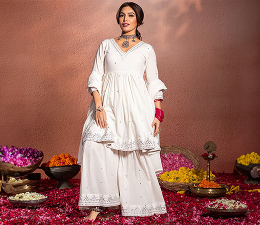 ISHIN Off-White Flared Cotton Kurta With Sharara & Dupatta
