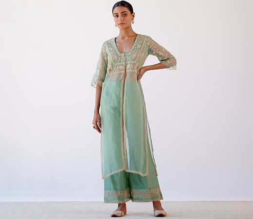 Devnaagri Sage Green Slit Chanderi Kurta and Palazzo