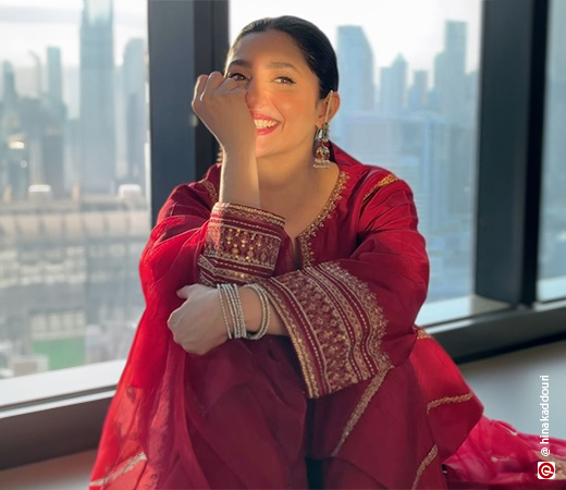 Mahira Khan wearing a red salwar suit