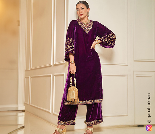 Gauahar Khan wearing a velvet kurta set
