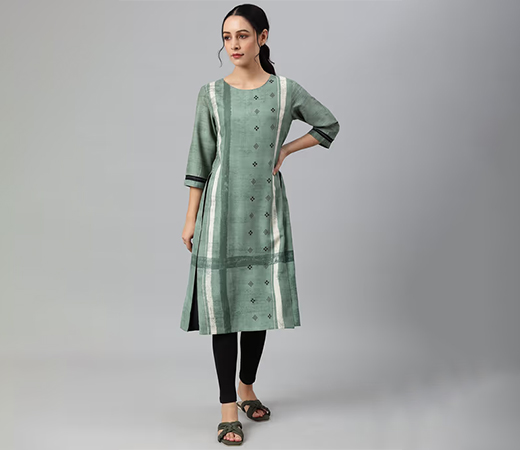 W Green Godet Box Pleat Kurta