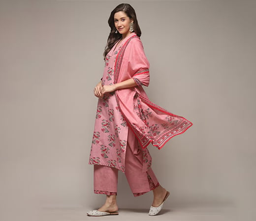 Biba Pink Printed Cotton Straight Suit 