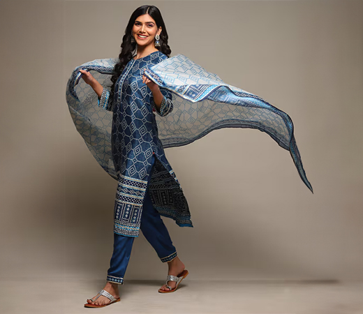 Biba Blue Printed Viscose Straight Suit

