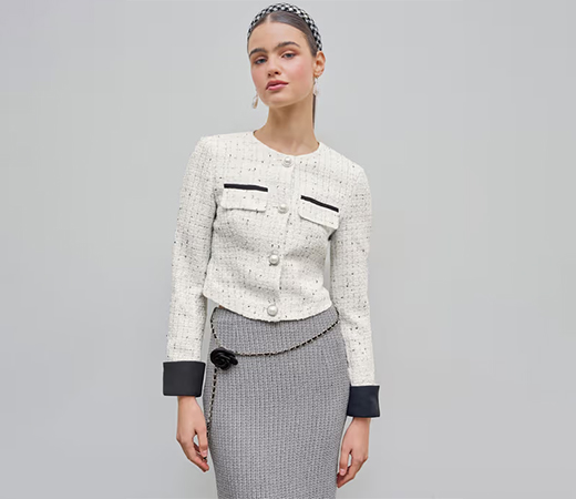  Cider Tweed Round Neckline Faux Pearl Jacket
