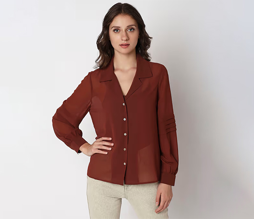 VERO MODA Solid Formal Brown Shirt