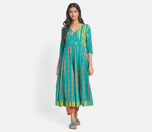 Fabindia Turquoise Cotton Printed Slim Fit Kurta