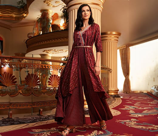 W Chocolate Maroon Printed Jumpsuit with Belt 