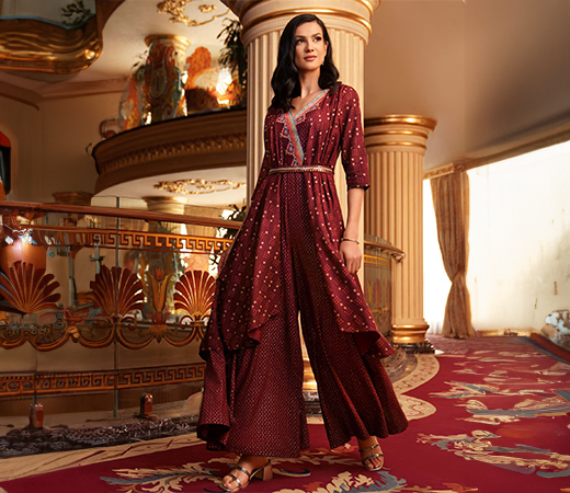 W Chocolate Maroon Printed Jumpsuit with Belt 