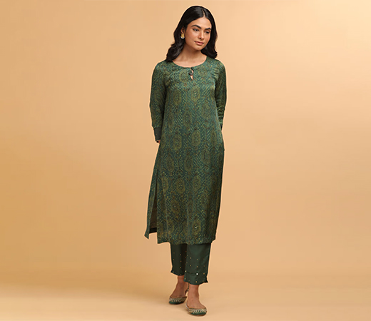 W Green Ajrakh Print Kurta In Modal Satin