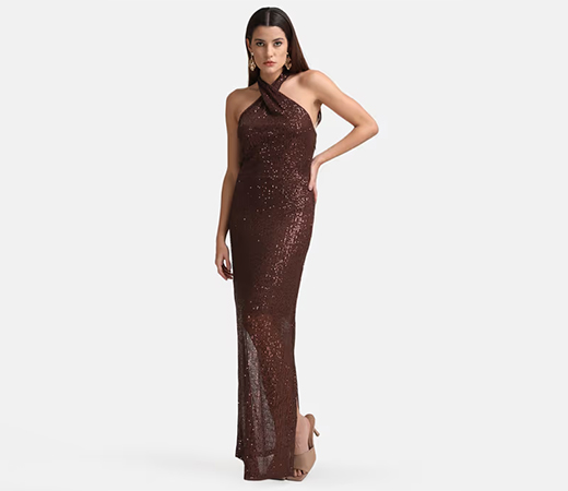Kazo x Jhanvi Kapoor Brown Sequin Halter Neck Maxi Dress
