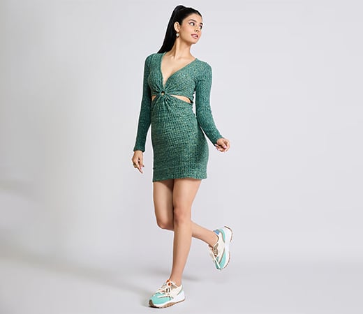 MIXT by Nykaa Fashion Green Ribbed Cut Out Full Sleeves Mini Dress