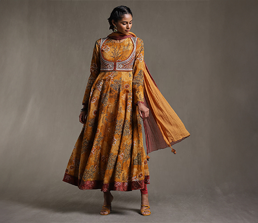 Ritu Kumar Yellow Printed Anarkali Kurta with Legging and Dupatta