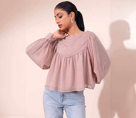 FabAlley Dusty Pink Boat Neck Full Sleeve Flared Blouse