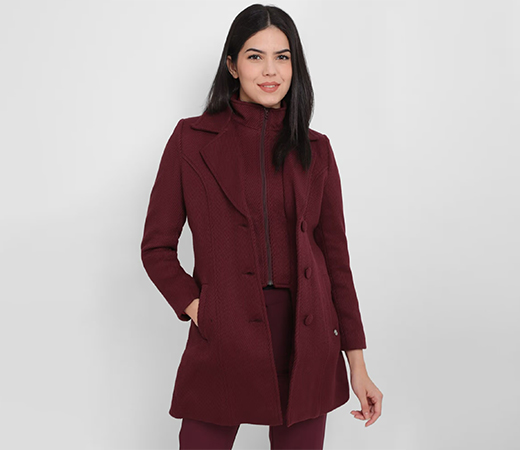Allen Solly Maroon Solid Casual Coat